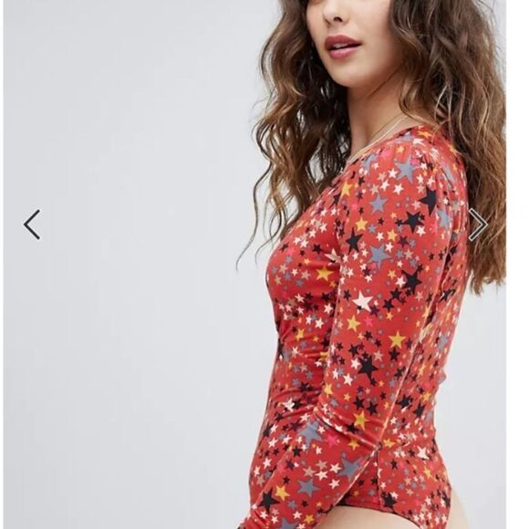Free People Girls Like Us Red Star Print Button Up Long Sleeve Bodysuit - Picture 1 of 7